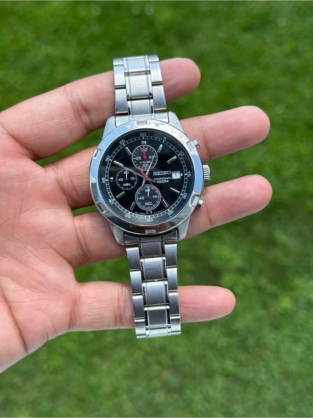 Seiko Black Dial Stainless Steel Chronograph Watch Mens